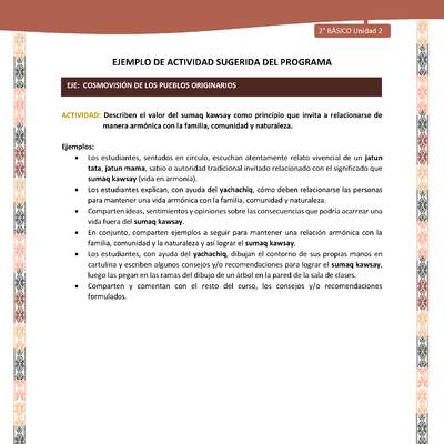 Actividad sugerida LC02 - Quechua - U2 - N°12: Describen el valor del sumaq kawsay como principio que invita a relacionarse de manera armónica con la familia, comunidad y naturaleza. Actividad sugerida LC02 - Quechua - U2 - N°12: Describen el valor del sumaq kawsay como principio que invita a relacionarse de manera armónica con la familia, comunidad y naturaleza.