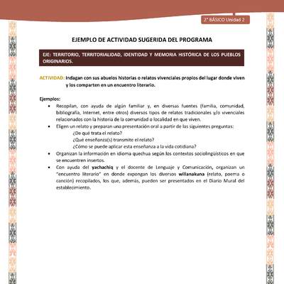 Actividad sugerida LC02 - Quechua - U2 - N°10: Indagan con sus abuelos historias o relatos vivenciales propios del lugar donde viven y los comparten en un encuentro literario. Actividad sugerida LC02 - Quechua - U2 - N°10: Indagan con sus abuelos historias o relatos vivenciales propios del lugar donde viven y los comparten en un encuentro literario.