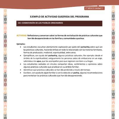 Actividad sugerida LC02 - Quechua - U3 - N°10: Reflexionan y conversan sobre las formas de revitalización de prácticas culturales que han ido desapareciendo en las familias y comunidades quechua. Actividad sugerida LC02 - Quechua - U3 - N°10: Reflexionan y conversan sobre las formas de revitalización de prácticas culturales que han ido desapareciendo en las familias y comunidades quechua.