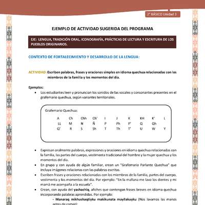 Actividad sugerida LC02 - Quechua - U3 - N°5: Escriben palabras, frases y oraciones simples en idioma quechua relacionadas con los miembros de la familia y los momentos del día. Actividad sugerida LC02 - Quechua - U3 - N°5: Escriben palabras, frases y oraciones simples en idioma quechua relacionadas con los miembros de la familia y los momentos del día.