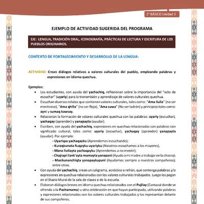 Actividad sugerida LC02 - Quechua - U3 - N°6: Crean diálogos relativos a valores culturales del pueblo, empleando palabras y expresiones en idioma quechua. Actividad sugerida LC02 - Quechua - U3 - N°6: Crean diálogos relativos a valores culturales del pueblo, empleando palabras y expresiones en idioma quechua.