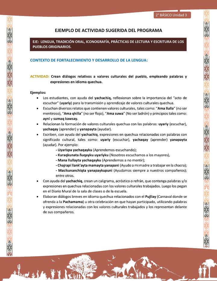 Actividad sugerida LC02 - Quechua - U3 - N°6: Crean diálogos relativos a valores culturales del pueblo, empleando palabras y expresiones en idioma quechua. Actividad sugerida LC02 - Quechua - U3 - N°6: Crean diálogos relativos a valores culturales del pueblo, empleando palabras y expresiones en idioma quechua.