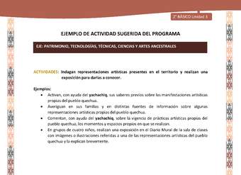 Actividad sugerida LC02 - Quechua - U3 - N°11: Indagan representaciones artísticas presentes en el territorio y realizan una exposición para darlas a conocer. Actividad sugerida LC02 - Quechua - U3 - N°11: Indagan representaciones artísticas presentes en el territorio y realizan una exposición para darlas a conocer.