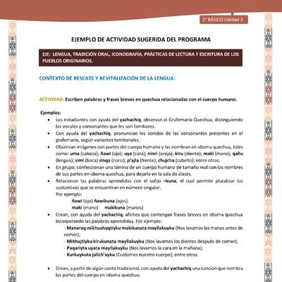 Actividad sugerida LC02 - Quechua - U3 - N°3: Escriben palabras y frases breves en quechua relacionadas con el cuerpo humano. Actividad sugerida LC02 - Quechua - U3 - N°3: Escriben palabras y frases breves en quechua relacionadas con el cuerpo humano.