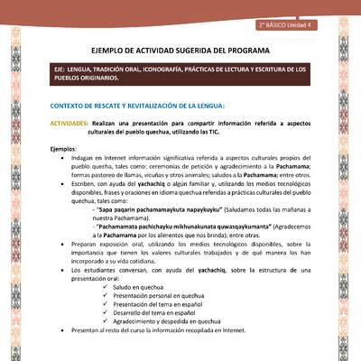 Actividad sugerida LC02 - Quechua - U4 - N°6: Realizan una presentación para compartir información referida a aspectos culturales del pueblo quechua, utilizando las TIC. Actividad sugerida LC02 - Quechua - U4 - N°6: Realizan una presentación para compartir información referida a aspectos culturales del pueblo quechua, utilizando las TIC.