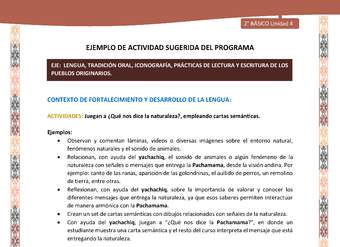 Actividad sugerida LC02 - Quechua - U4 - N°8: Juegan a ¿Qué nos dice la naturaleza?, empleando cartas semánticas. Actividad sugerida LC02 - Quechua - U4 - N°8: Juegan a ¿Qué nos dice la naturaleza?, empleando cartas semánticas.