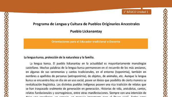 Orientaciones al docente - LC01 - Lickanantay - U1 - La lengua kunsa Orientaciones al docente - LC01 - Lickanantay - U1 - La lengua kunsa
