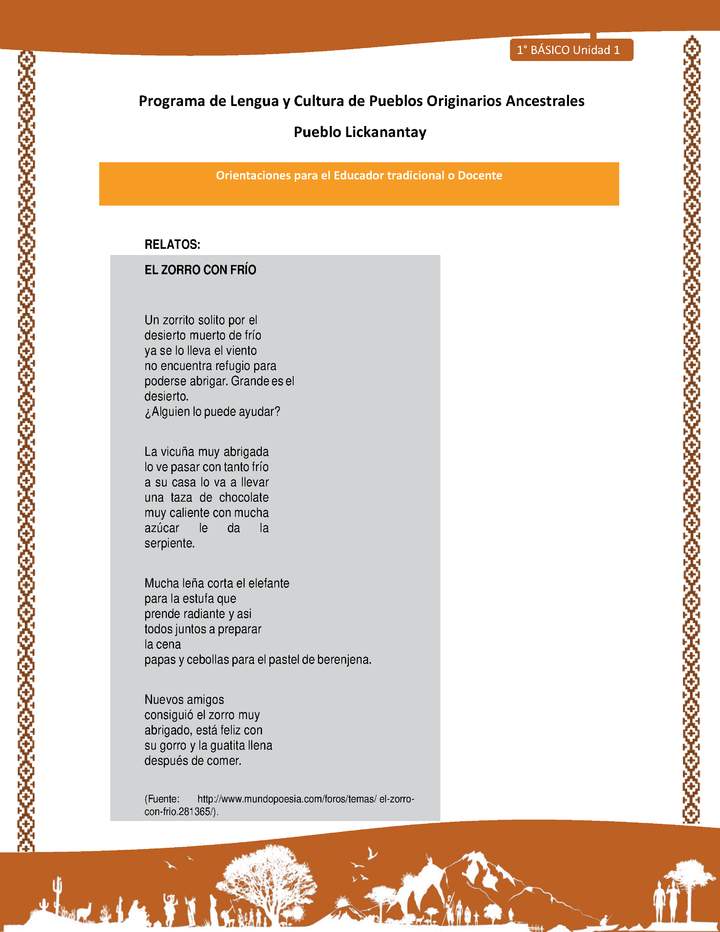 Orientaciones al docente - LC01 - Lickanantay - U1 - Relatos: El zorro con frío Orientaciones al docente - LC01 - Lickanantay - U1 - Relatos: El zorro con frío