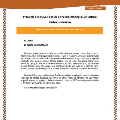 Orientaciones al docente - LC01 - Lickanantay - U1 - Relatos: El zorro y la guallata Orientaciones al docente - LC01 - Lickanantay - U1 - Relatos: El zorro y la guallata