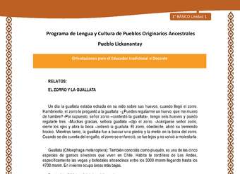Orientaciones al docente - LC01 - Lickanantay - U1 - Relatos: El zorro y la guallata Orientaciones al docente - LC01 - Lickanantay - U1 - Relatos: El zorro y la guallata