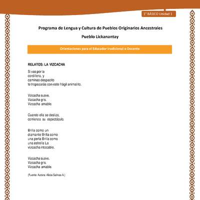 Orientaciones al docente - LC01 - Lickanantay - U1 - Relatos: La vizcacha Orientaciones al docente - LC01 - Lickanantay - U1 - Relatos: La vizcacha