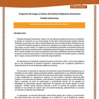 Orientaciones al docente - LC01 - Lickanantay - U2 - Introducción Orientaciones al docente - LC01 - Lickanantay - U2 - Introducción