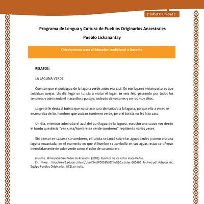 Orientaciones al docente - LC01 - Lickanantay - U1 - Relatos: La laguna verde Orientaciones al docente - LC01 - Lickanantay - U1 - Relatos: La laguna verde