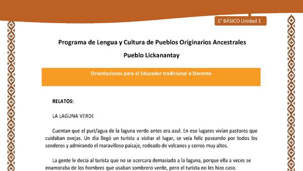 Orientaciones al docente - LC01 - Lickanantay - U1 - Relatos: La laguna verde Orientaciones al docente - LC01 - Lickanantay - U1 - Relatos: La laguna verde