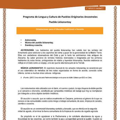 Orientaciones al docente - LC01 - Lickanantay - U2 - Astronomía, Música del pueblo lickanantay y Siembra y cosecha. Orientaciones al docente - LC01 - Lickanantay - U2 - Astronomía, Música del pueblo lickanantay y Siembra y cosecha.