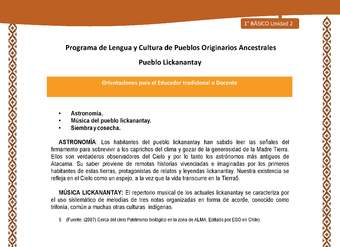 Orientaciones al docente - LC01 - Lickanantay - U2 - Astronomía, Música del pueblo lickanantay y Siembra y cosecha. Orientaciones al docente - LC01 - Lickanantay - U2 - Astronomía, Música del pueblo lickanantay y Siembra y cosecha.