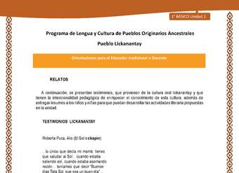 Orientaciones al docente - LC01 - Lickanantay - U2 - Relatos: El Sol o ckapin Orientaciones al docente - LC01 - Lickanantay - U2 - Relatos: El Sol o ckapin