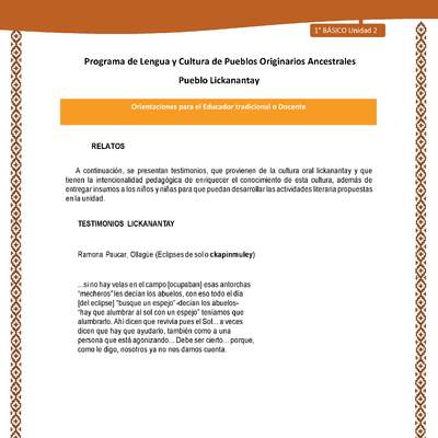 Orientaciones al docente - LC01 - Lickanantay - U2 - Relatos: Eclipses de sol o ckapinmuley Orientaciones al docente - LC01 - Lickanantay - U2 - Relatos: Eclipses de sol o ckapinmuley
