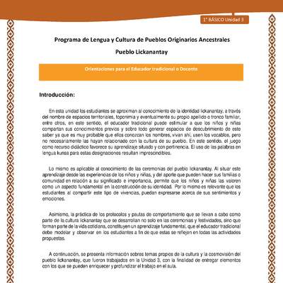 Orientaciones al docente - LC01 - Lickanantay - U3 - Introducción Orientaciones al docente - LC01 - Lickanantay - U3 - Introducción