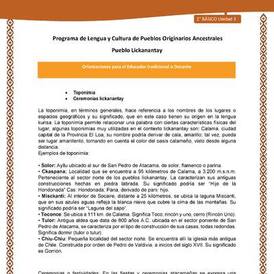 Orientaciones al docente - LC01 - Lickanantay - U3 - Toponimia, Ceremonias lickanantay Orientaciones al docente - LC01 - Lickanantay - U3 - Toponimia, Ceremonias lickanantay