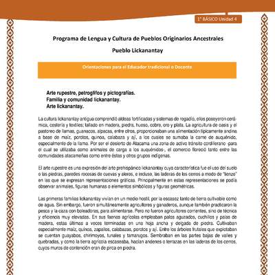 Orientaciones al docente - LC01 - Lickanantay - U4 - Arte rupestre, petroglifos y pictografías - Familia y comunidad lickanantay - Arte lickanantay Orientaciones al docente - LC01 - Lickanantay - U4 - Arte rupestre, petroglifos y pictografías - Familia y comunidad lickanantay - Arte lickanantay