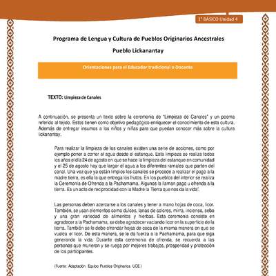Orientaciones al docente - LC01 - Lickanantay - U4 - Textos limpieza de canales Orientaciones al docente - LC01 - Lickanantay - U4 - Textos limpieza de canales