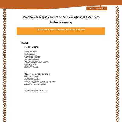 Orientaciones al docente - LC01 - Lickanantay - U4 - Textos: Licau/Mujer Orientaciones al docente - LC01 - Lickanantay - U4 - Textos: Licau/Mujer