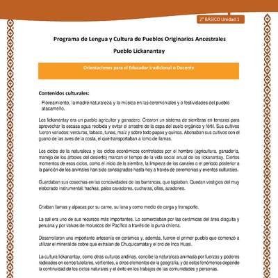 Orientaciones al docente - LC02 - Lickanantay - U1 - Contenidos culturales Orientaciones al docente - LC02 - Lickanantay - U1 - Contenidos culturales