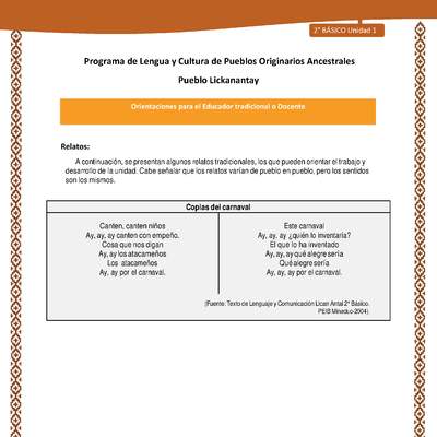 Orientaciones al docente - LC02 - Lickanantay - U1 - Coplas del carnaval Orientaciones al docente - LC02 - Lickanantay - U1 - Coplas del carnaval