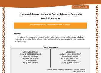 Orientaciones al docente - LC02 - Lickanantay - U1 - Coplas del carnaval Orientaciones al docente - LC02 - Lickanantay - U1 - Coplas del carnaval