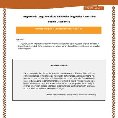 Orientaciones al docente - LC02 - Lickanantay - U1 - Relatos: Historia de flamencos Orientaciones al docente - LC02 - Lickanantay - U1 - Relatos: Historia de flamencos