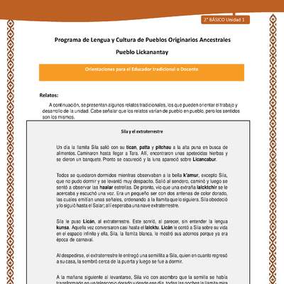 Orientaciones al docente - LC02 - Lickanantay - U1 - Relatos: Sila y el extraterrestre Orientaciones al docente - LC02 - Lickanantay - U1 - Relatos: Sila y el extraterrestre