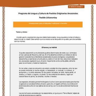 Orientaciones al docente - LC02 - Lickanantay - U2 - Textos y relatos: El kunsa y su hábitat Orientaciones al docente - LC02 - Lickanantay - U2 - Textos y relatos: El kunsa y su hábitat