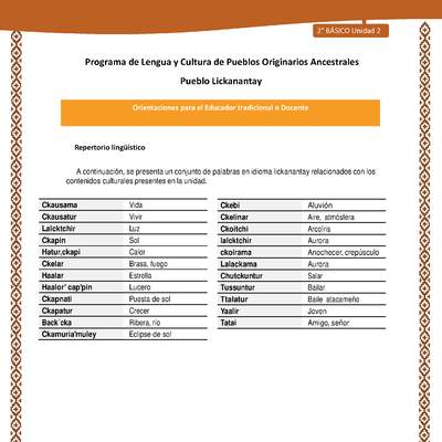 Orientaciones al docente - LC02 - Lickanantay - U2 - Repertorio lingüístico Orientaciones al docente - LC02 - Lickanantay - U2 - Repertorio lingüístico