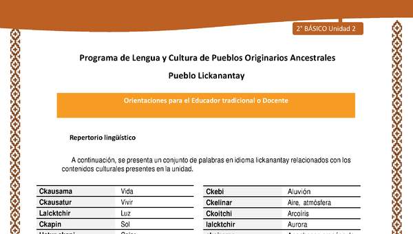 Orientaciones al docente - LC02 - Lickanantay - U2 - Repertorio lingüístico Orientaciones al docente - LC02 - Lickanantay - U2 - Repertorio lingüístico