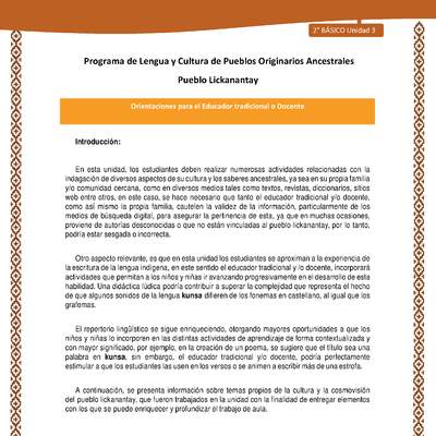 Orientaciones al docente - LC02 - Lickanantay - U3 - Introducción Orientaciones al docente - LC02 - Lickanantay - U3 - Introducción