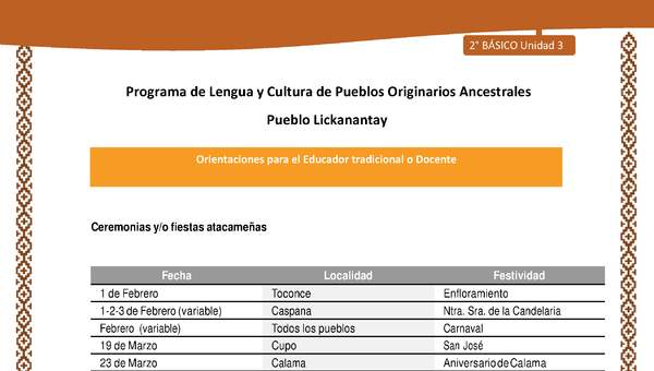 Orientaciones al docente - LC02 - Lickanantay - U3 - Ceremonias: Fiestas atacameñas Orientaciones al docente - LC02 - Lickanantay - U3 - Ceremonias: Fiestas atacameñas