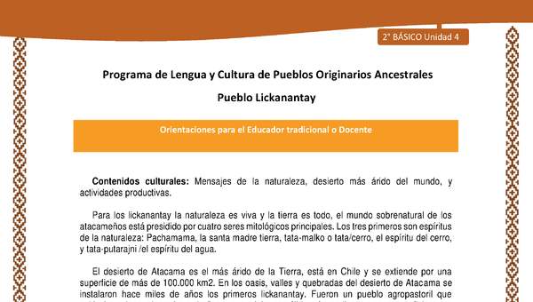 Orientaciones al docente - LC02 - Lickanantay - U4 - Contenidos culturales Orientaciones al docente - LC02 - Lickanantay - U4 - Contenidos culturales