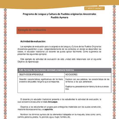 Orientaciones al docente - LC01 - Aymara - U01 - Ejemplo de evaluación Orientaciones al docente - LC01 - Aymara - U01 - Ejemplo de evaluación