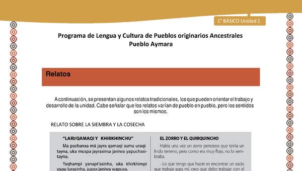Orientaciones al docente - LC01 - Aymara - U01 - Relato sobre la siembra y la cosecha Orientaciones al docente - LC01 - Aymara - U01 - Relato sobre la siembra y la cosecha