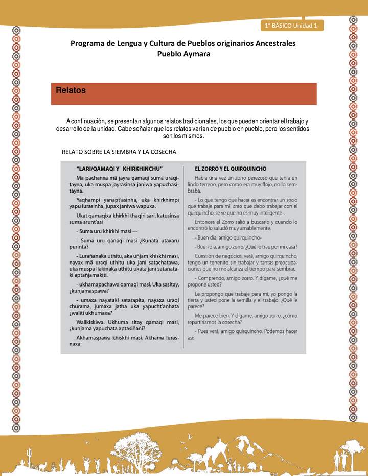 Orientaciones al docente - LC01 - Aymara - U01 - Relato sobre la siembra y la cosecha Orientaciones al docente - LC01 - Aymara - U01 - Relato sobre la siembra y la cosecha