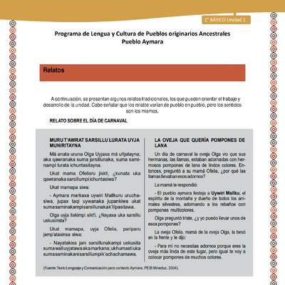 Relato sobre el día de carnaval - Lengua y cultura de los pueblos Originarios Ancestrales 1º básico - Pueblo Aymara - Unidad 1 Relato sobre el día de carnaval - Lengua y cultura de los pueblos Originarios Ancestrales 1º básico - Pueblo Aymara - Unidad 1