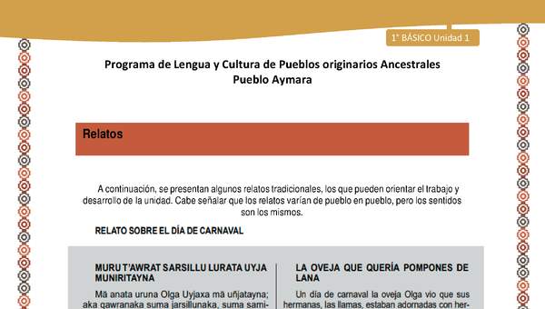 Relato sobre el día de carnaval - Lengua y cultura de los pueblos Originarios Ancestrales 1º básico - Pueblo Aymara - Unidad 1 Relato sobre el día de carnaval - Lengua y cultura de los pueblos Originarios Ancestrales 1º básico - Pueblo Aymara - Unidad 1