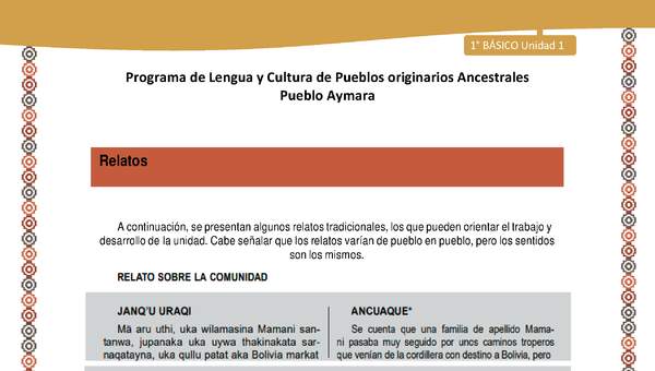 Relato sobre la comunidad - Lengua y cultura de los pueblos Originarios Ancestrales 1º básico - Pueblo Aymara - Unidad 1 Relato sobre la comunidad - Lengua y cultura de los pueblos Originarios Ancestrales 1º básico - Pueblo Aymara - Unidad 1