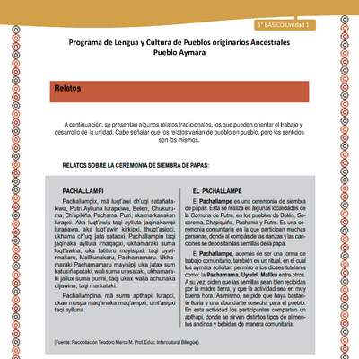 Relato sobre ceremonia de siembra de papas - Lengua y cultura de los pueblos Originarios Ancestrales 1º básico - Pueblo Aymara - Unidad 1 Relato sobre ceremonia de siembra de papas - Lengua y cultura de los pueblos Originarios Ancestrales 1º básico - Pueblo Aymara - Unidad 1