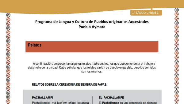 Relato sobre ceremonia de siembra de papas - Lengua y cultura de los pueblos Originarios Ancestrales 1º básico - Pueblo Aymara - Unidad 1 Relato sobre ceremonia de siembra de papas - Lengua y cultura de los pueblos Originarios Ancestrales 1º básico - Pueblo Aymara - Unidad 1
