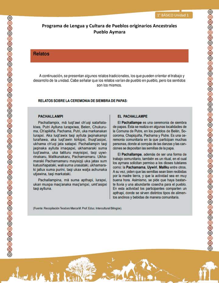 Relato sobre ceremonia de siembra de papas - Lengua y cultura de los pueblos Originarios Ancestrales 1º básico - Pueblo Aymara - Unidad 1 Relato sobre ceremonia de siembra de papas - Lengua y cultura de los pueblos Originarios Ancestrales 1º básico - Pueblo Aymara - Unidad 1