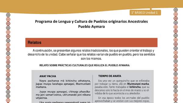 Relato sobre Prácticas culturales que realiza el pueblo Aymara - Lengua y cultura de los pueblos Originarios Ancestrales 1º básico - Pueblo Aymara - Unidad 1 Relato sobre Prácticas culturales que realiza el pueblo Aymara - Lengua y cultura de los pueblos Originarios Ancestrales 1º básico - Pueblo Aymara - Unidad 1