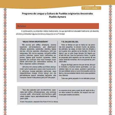 Relato Y el saludo del sol - Lengua y cultura de los pueblos Originarios Ancestrales 1º básico -  Aymara - Unidad 2 Relato Y el saludo del sol - Lengua y cultura de los pueblos Originarios Ancestrales 1º básico -  Aymara - Unidad 2