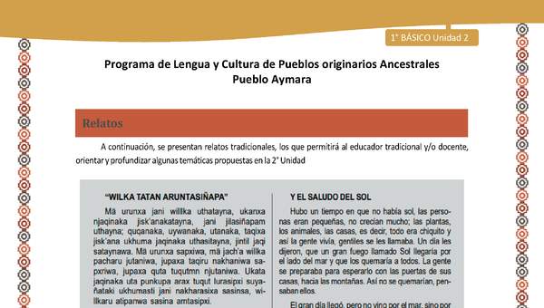 Relato Y el saludo del sol - Lengua y cultura de los pueblos Originarios Ancestrales 1º básico -  Aymara - Unidad 2 Relato Y el saludo del sol - Lengua y cultura de los pueblos Originarios Ancestrales 1º básico -  Aymara - Unidad 2
